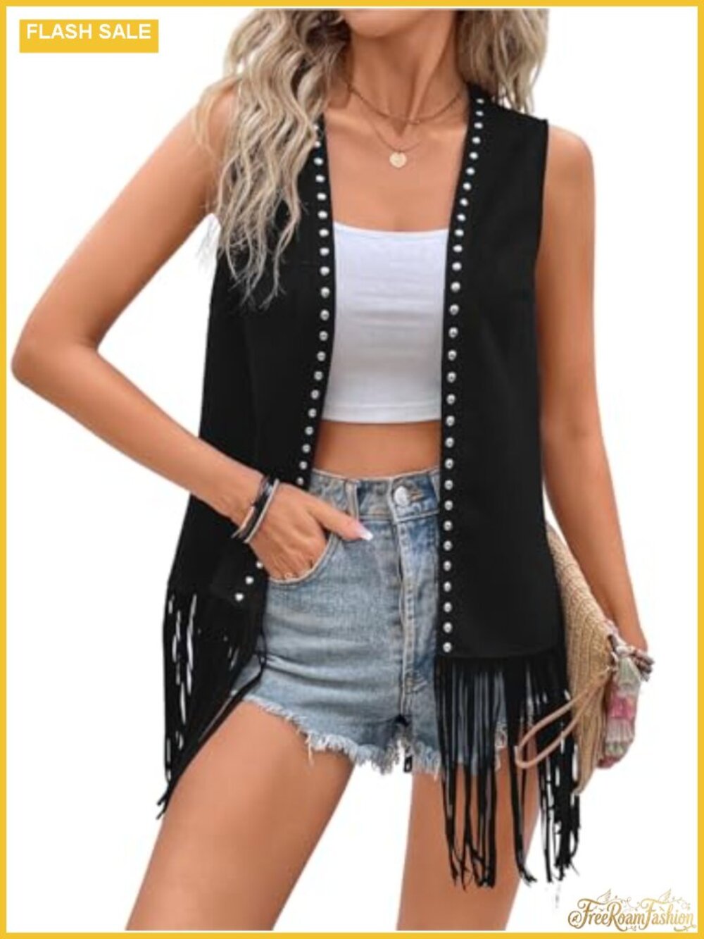 Women's Fringe Vest Cardigan Sleeveless Studded Hippie Western Jacket